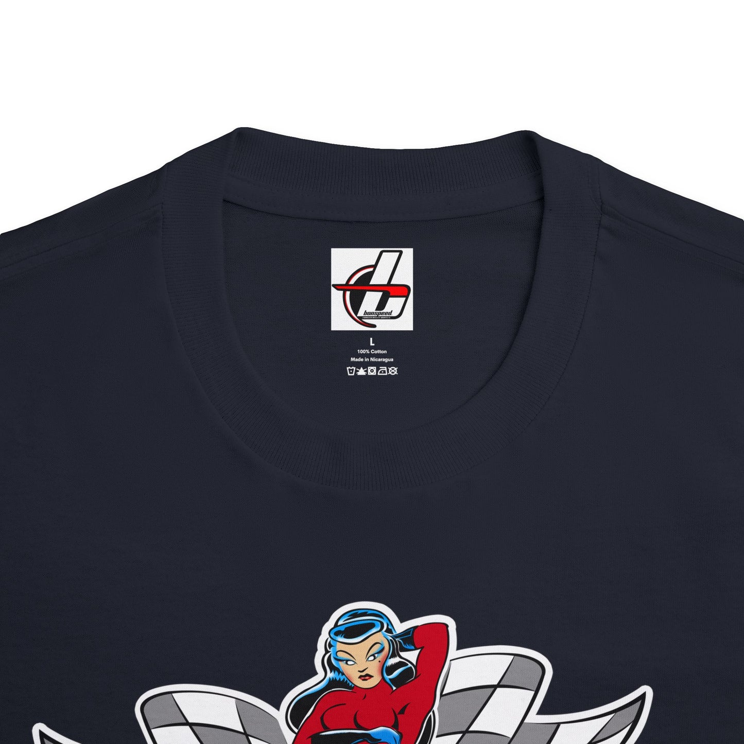 Built For Speed Girl Hot Rod T-shirt, Checkered Flags Racing Style. bonspeed