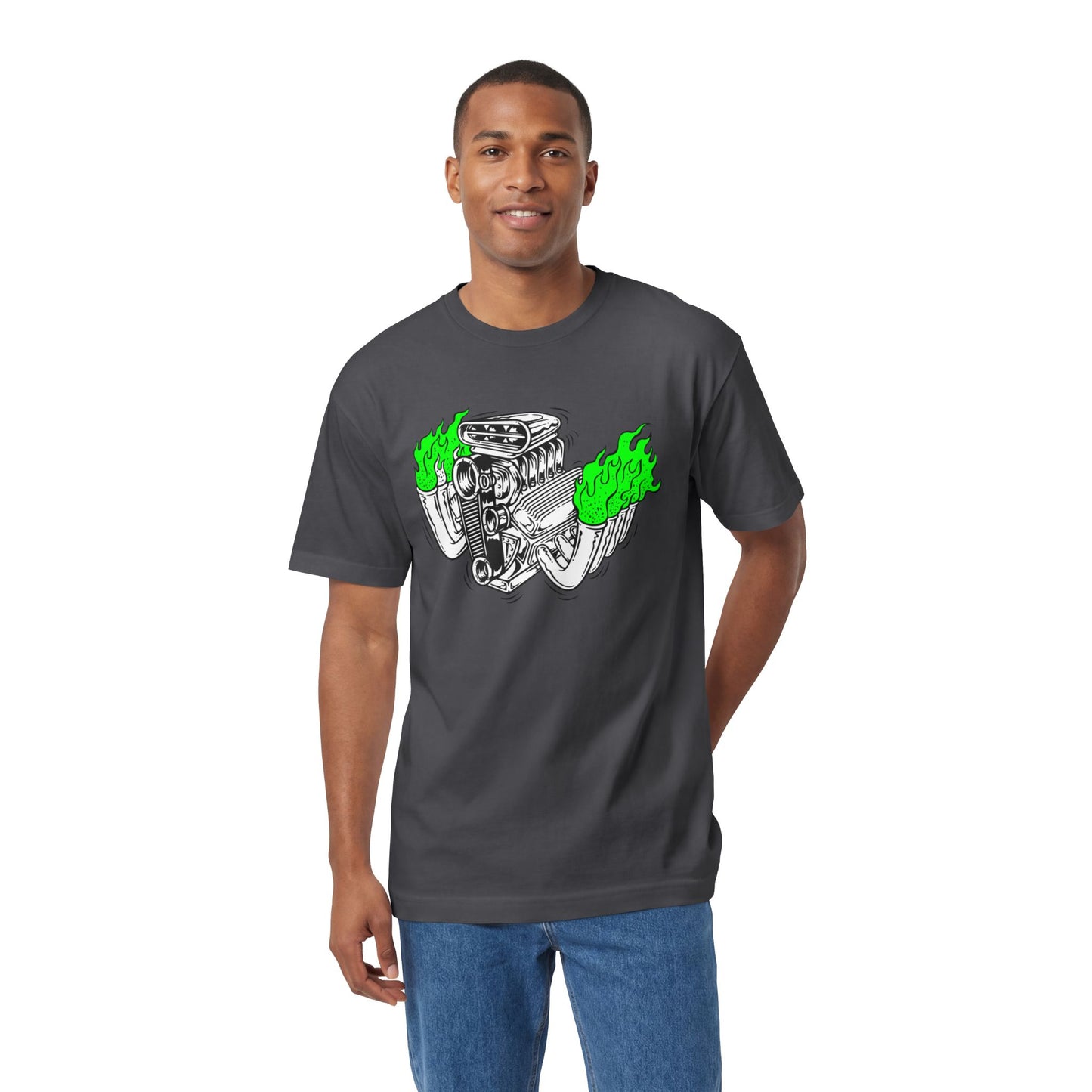 Fink Flame Blown Motor with Lime Green Flames T-Shirt, Hot Rod Inspired Fun Tee