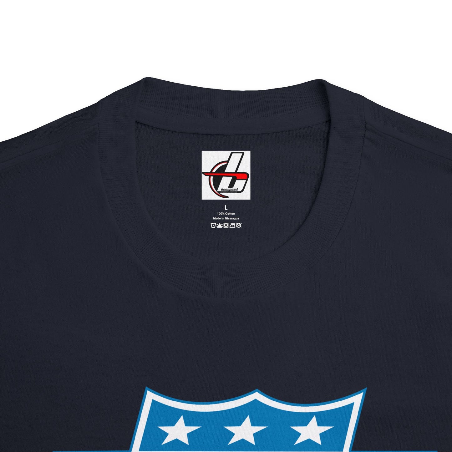 American Muscle Car Tee with Shield Design - bonspeed Red, White, Blue Car Logo