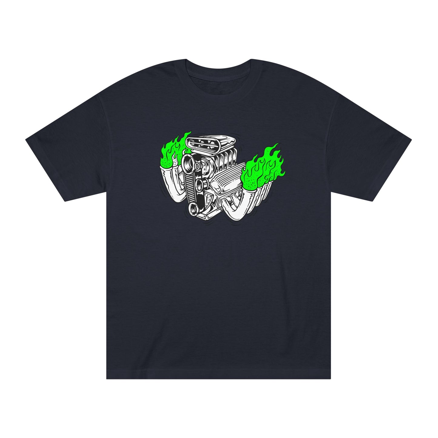 Fink Flame Blown Motor with Lime Green Flames T-Shirt, Hot Rod Inspired Fun Tee