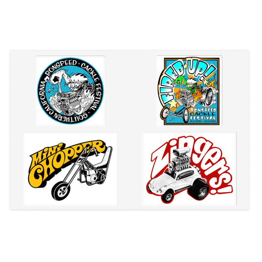 A sticker pack of four Vintage hot rod and drag race style decals