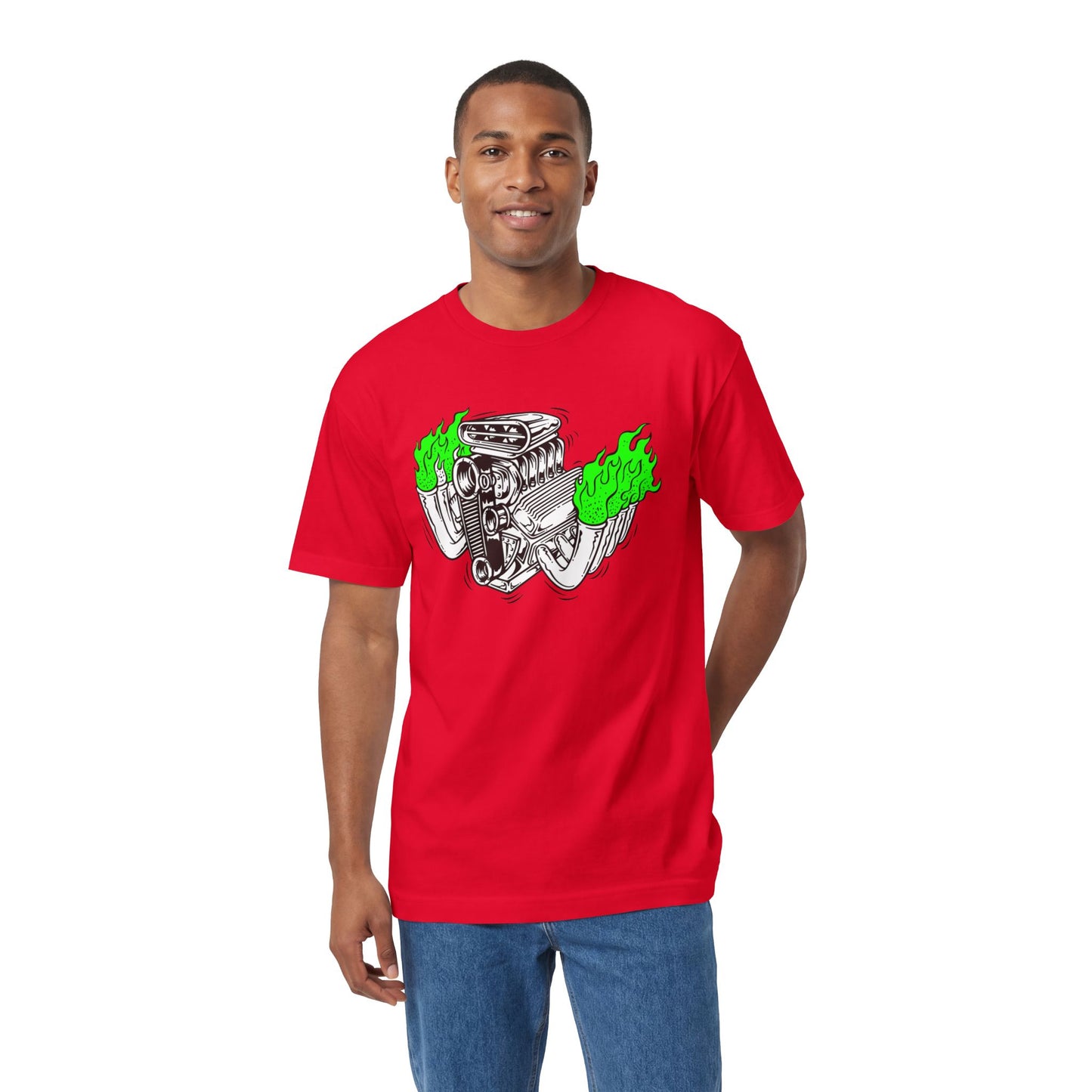 Fink Flame Blown Motor with Lime Green Flames T-Shirt, Hot Rod Inspired Fun Tee