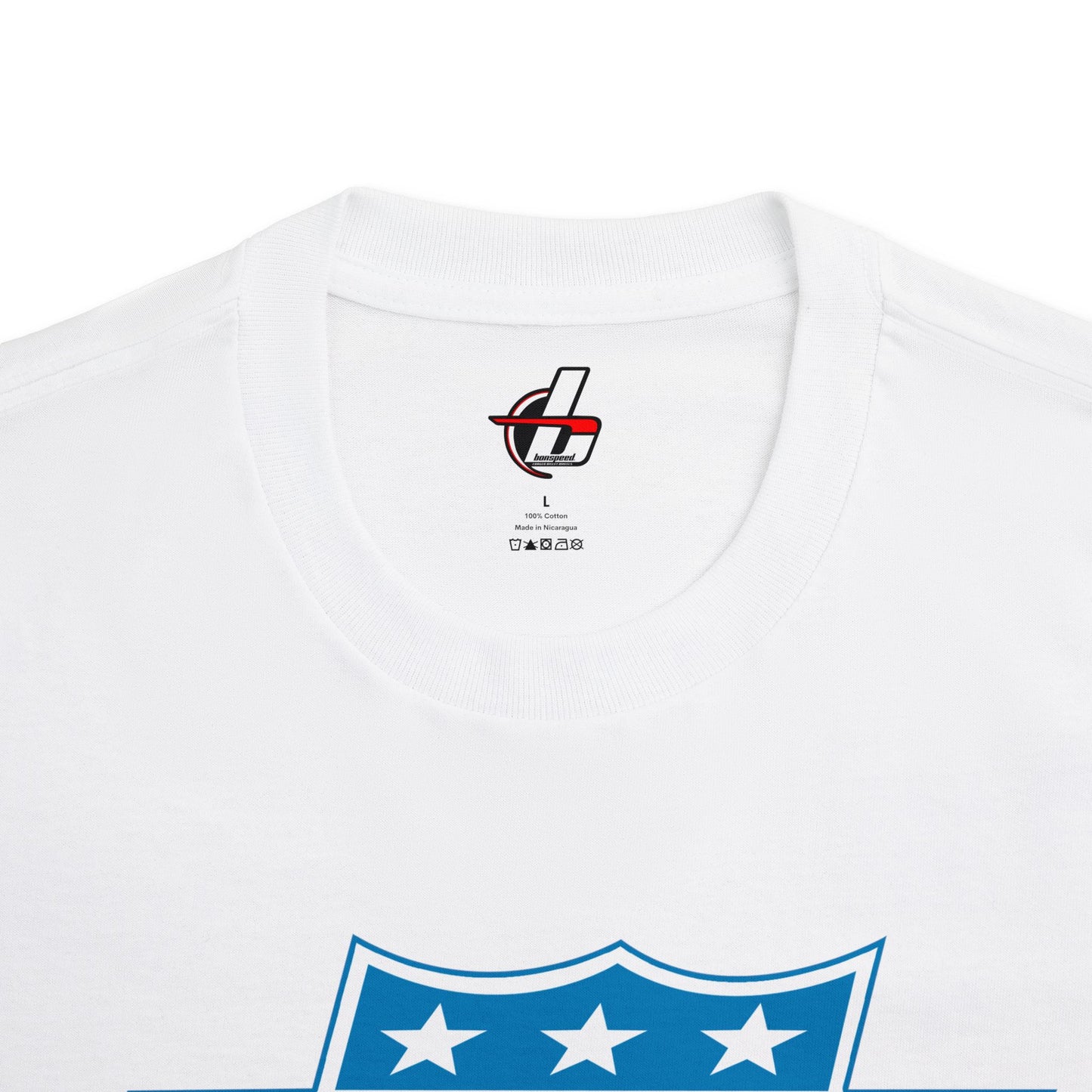 American Muscle Car Tee with Shield Design - bonspeed Red, White, Blue Car Logo