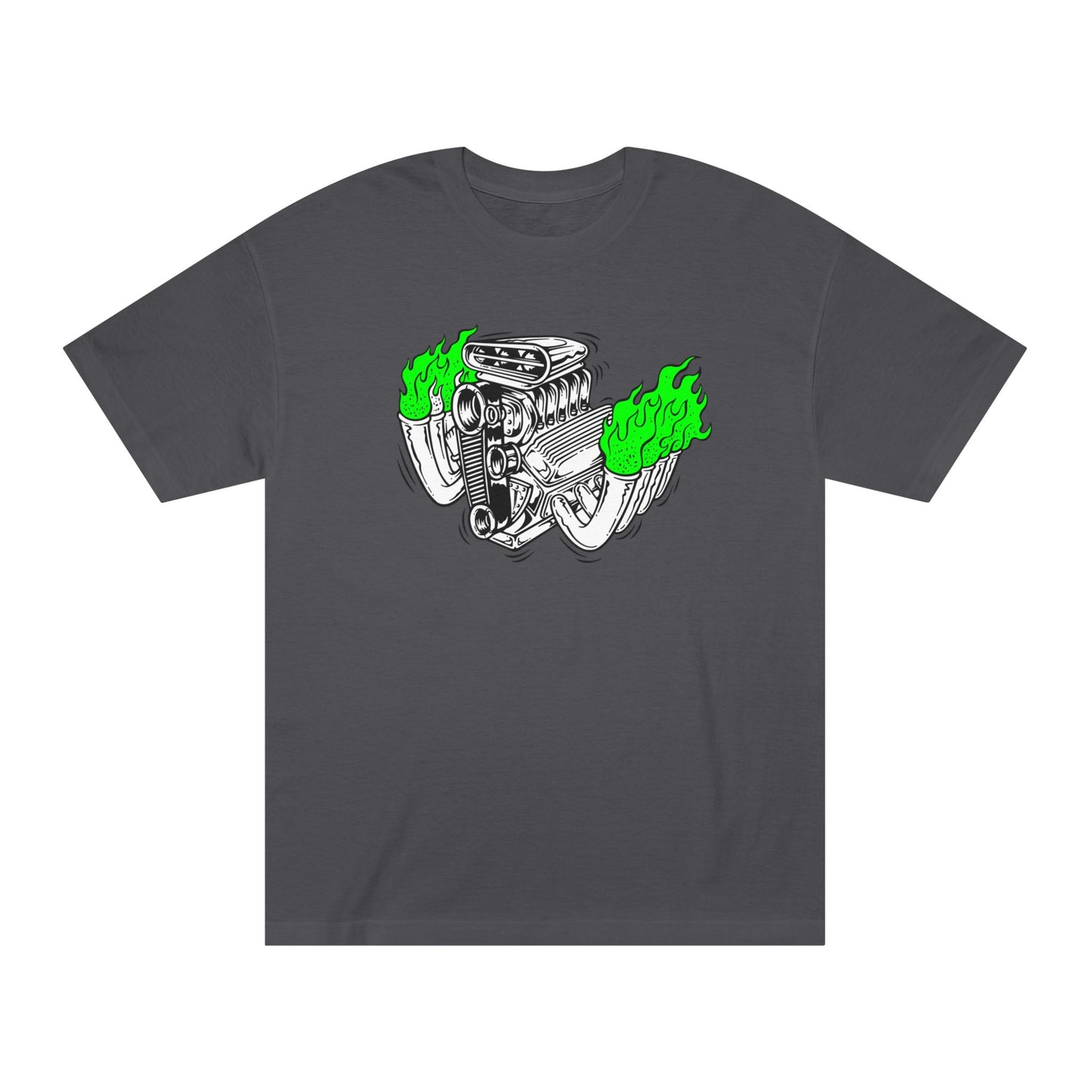 Fink Flame Blown Motor with Lime Green Flames T-Shirt, Hot Rod Inspired Fun Tee