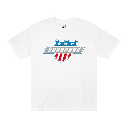 American Muscle Car Tee with Shield Design - bonspeed Red, White, Blue Car Logo