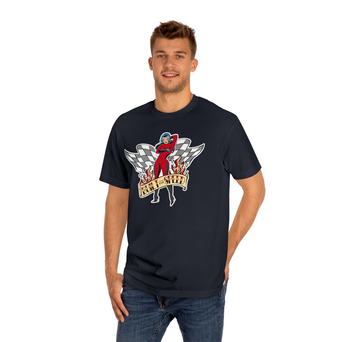 Built For Speed Girl Hot Rod T-shirt, Checkered Flags Racing Style. bonspeed
