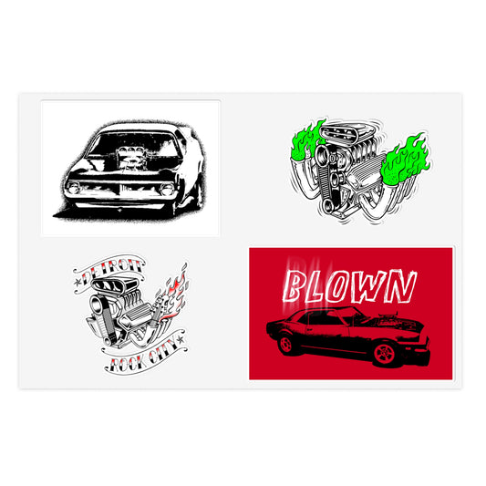 A sticker pack of four vintage drag racing decals
