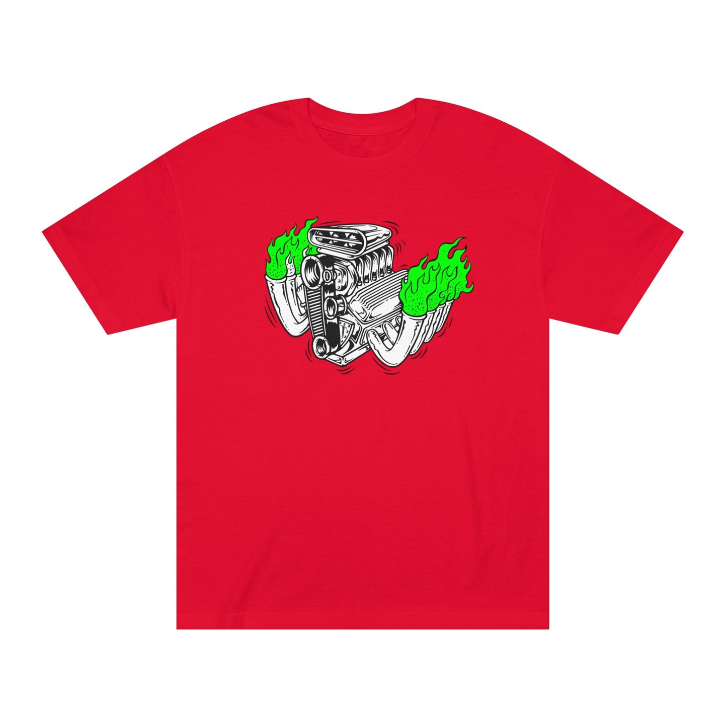 Fink Flame Blown Motor with Lime Green Flames T-Shirt, Hot Rod Inspired Fun Tee