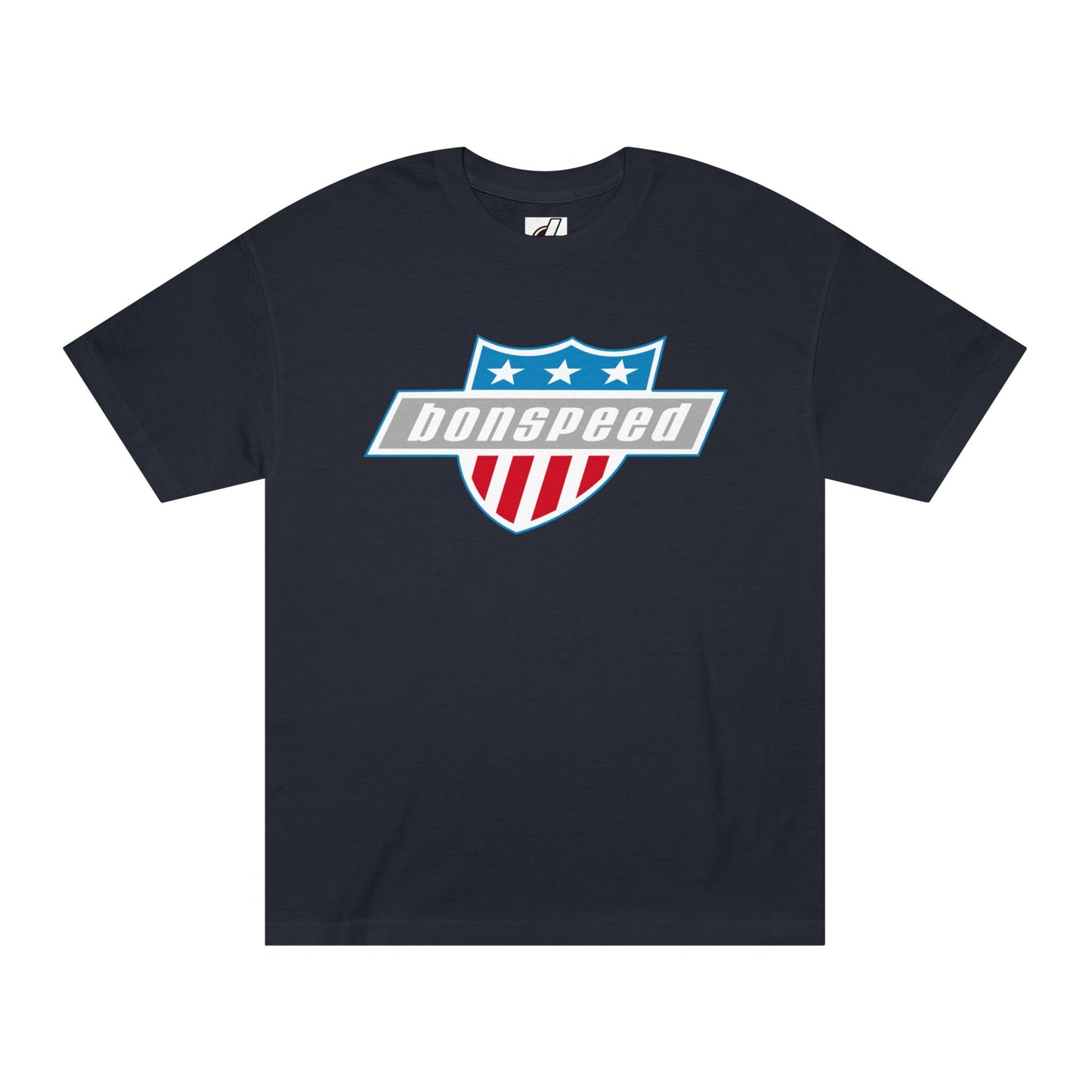 American Muscle Car Tee with Shield Design - bonspeed Red, White, Blue Car Logo