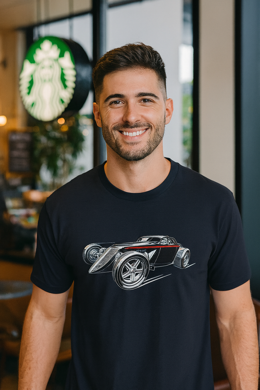 Man wearing a black bonspeed Hot Rod t-shirt with a car graphic in a casual setting