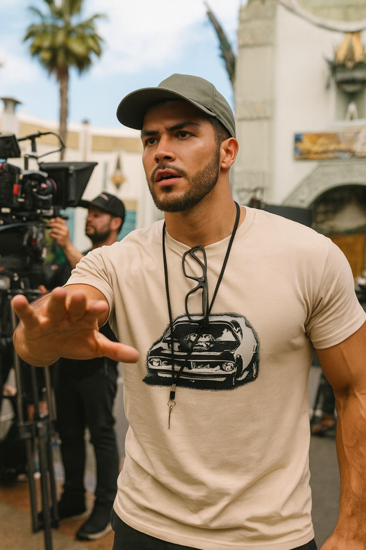 Man wearing a beige bonspeed Funnycar t-shirt with a Drag Race graphic design, standing outdoors with filming equipment and palm trees in the background.