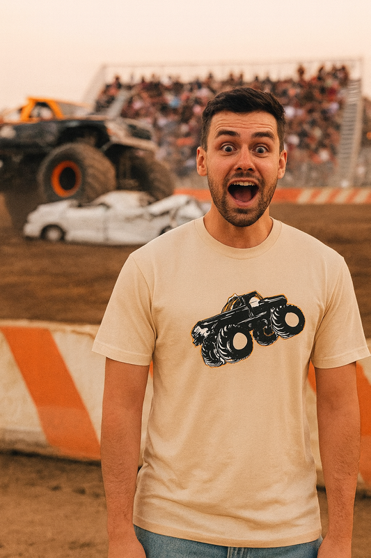 Man wearing a bonspeed t-shirt with a monster truck graphic at a dirt track event.
