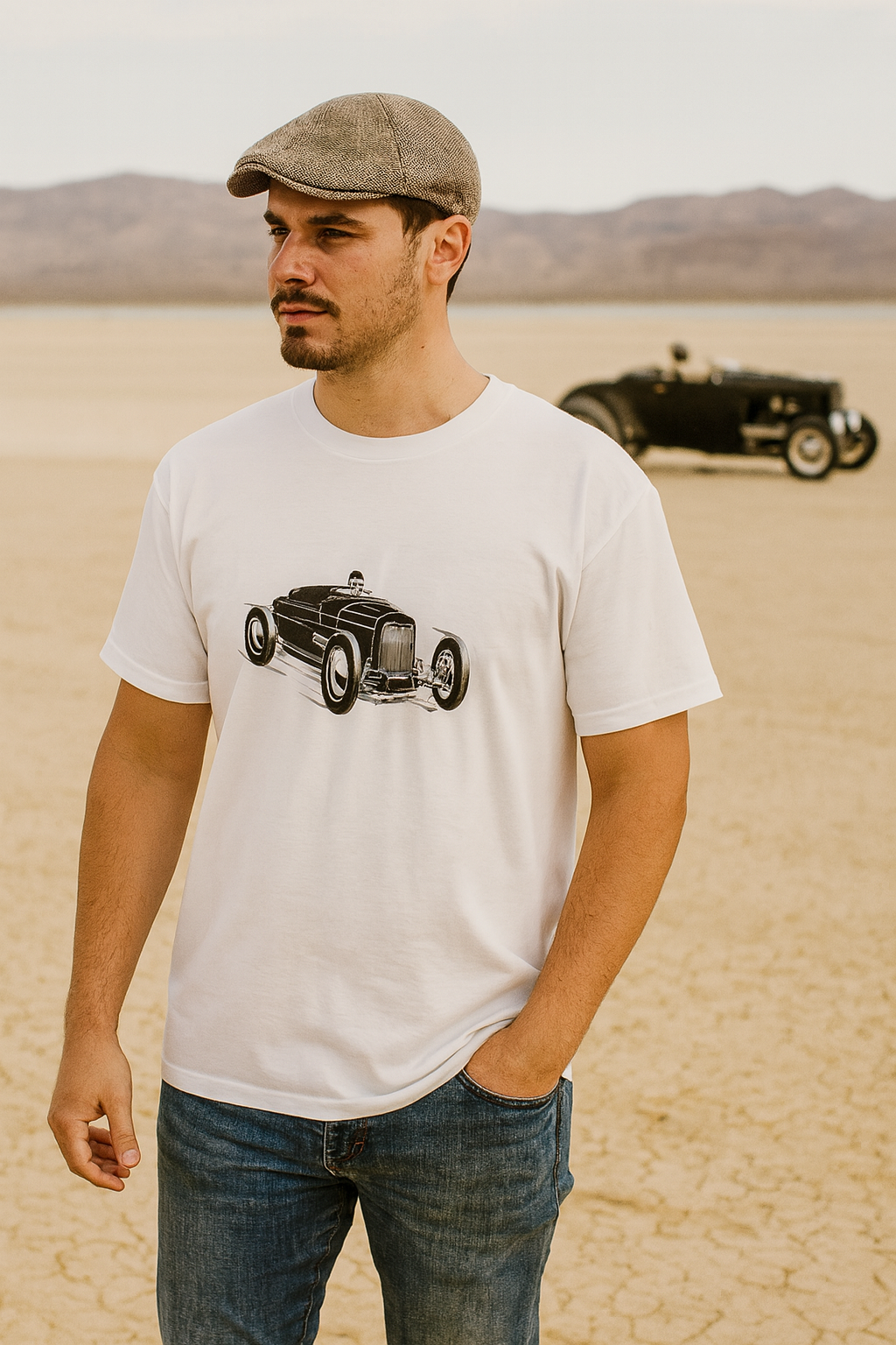 Man wearing a white bonspeed hot rod t-shirt with a vintage car graphic in a desert setting