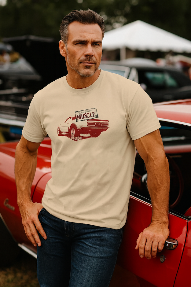 Man wearing a bonspeed Camaro  t-shirt with a graphic design of a red truck and 'Muscle' text, standing next to a red car.