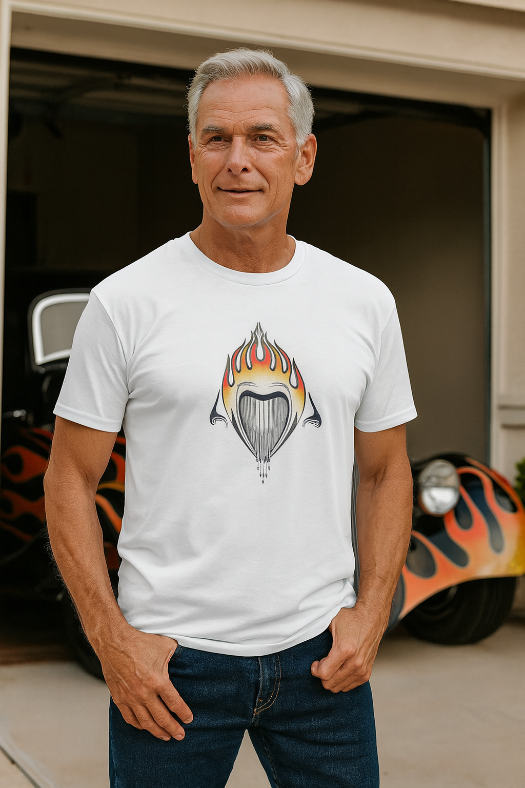 Man wearing a white bonspeed hot rod t-shirt with a graphic design in front of a car.
