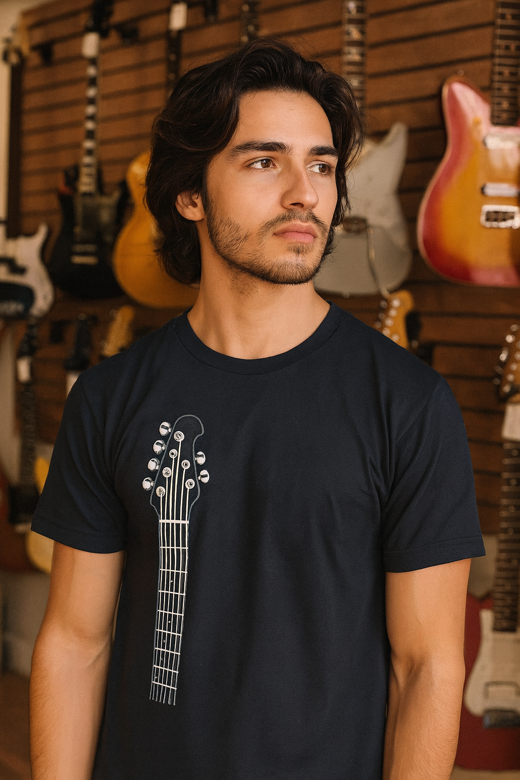 Man wearing a black bonspeed  t-shirt with a guitar design in a guitar store