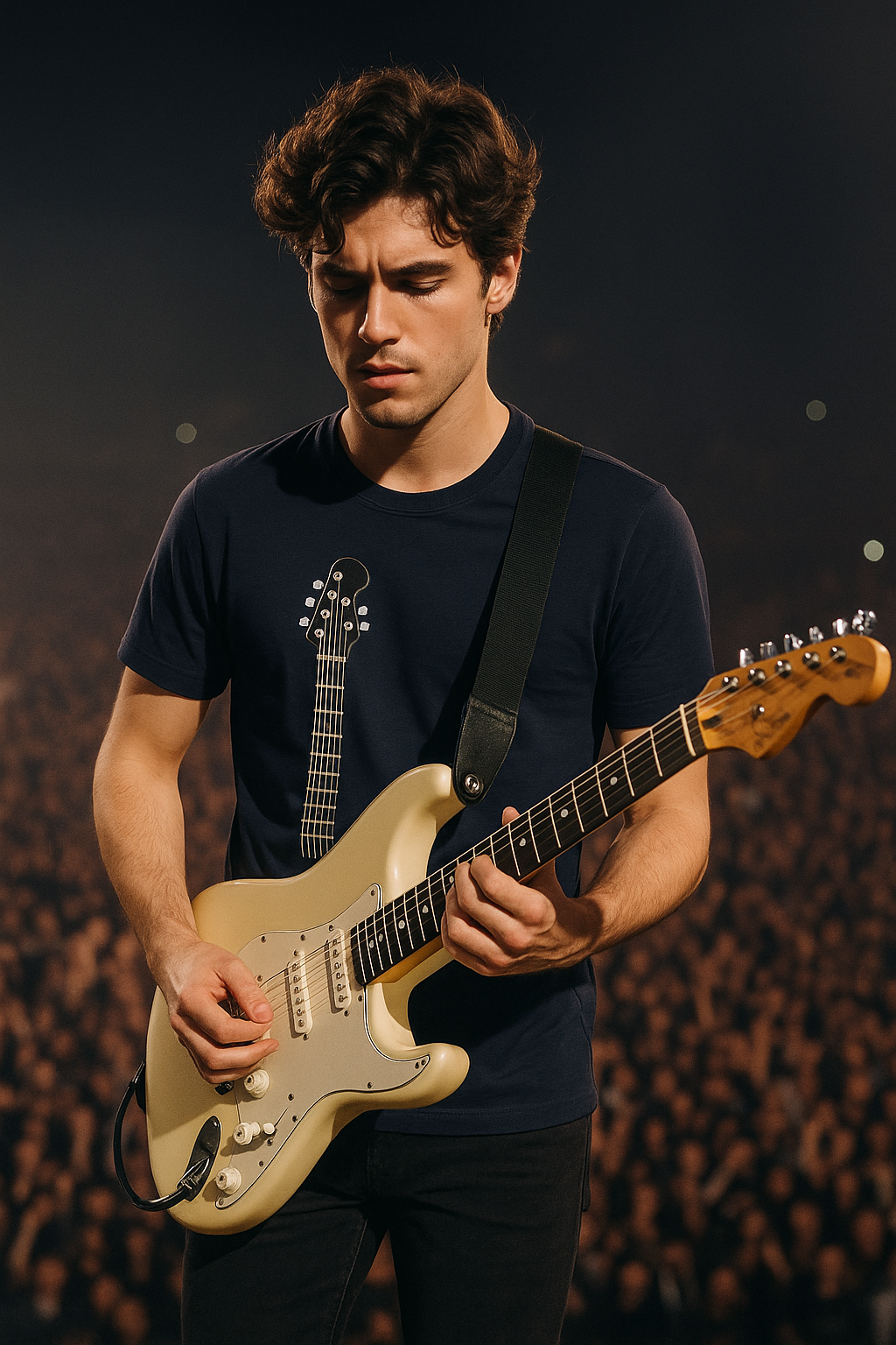 Man playing a guitar on stage with a dark background wearing a bonspped guitar graphic t-shirt