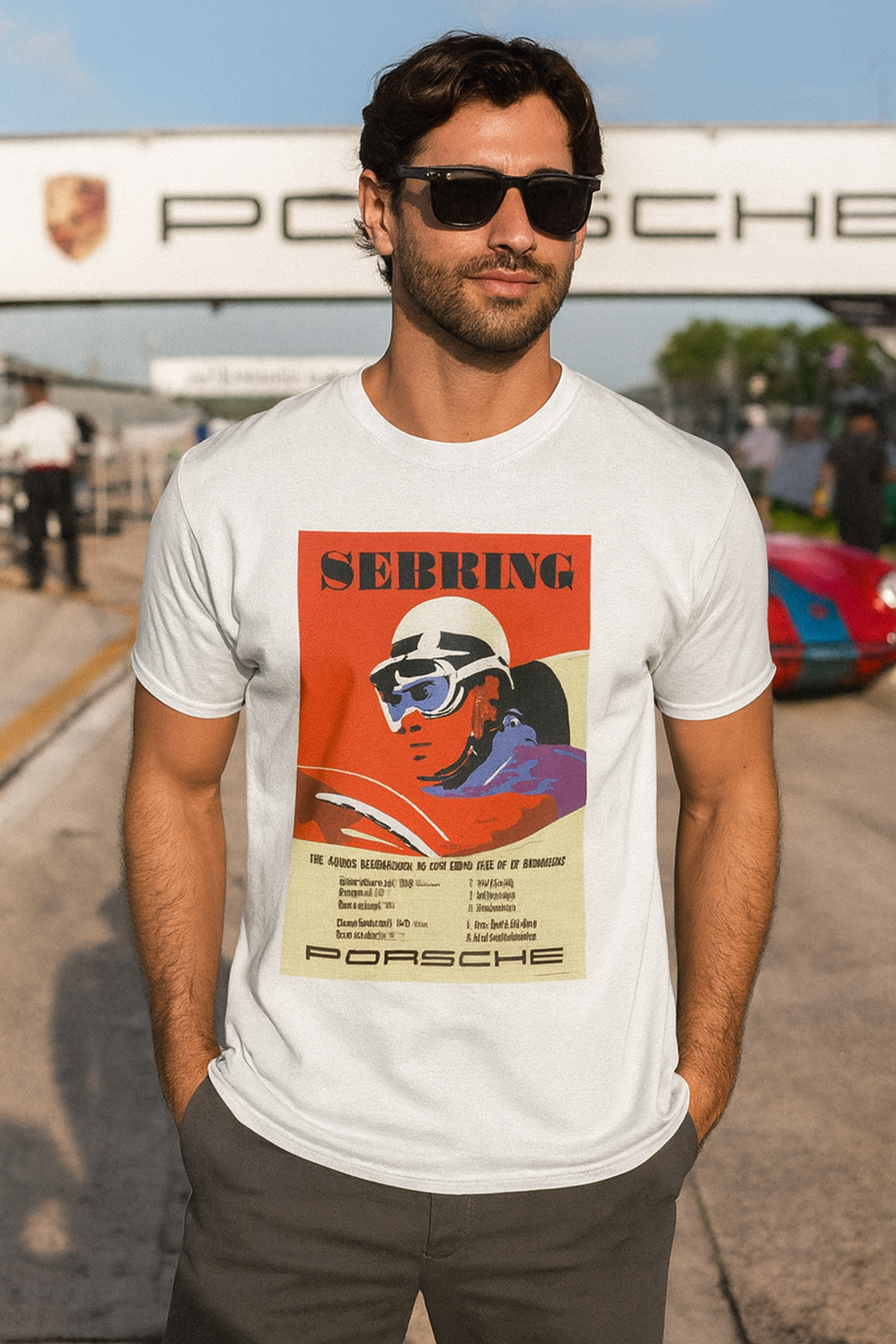 Man wearing a white t-shirt with Porsche Sebring design at a race track.