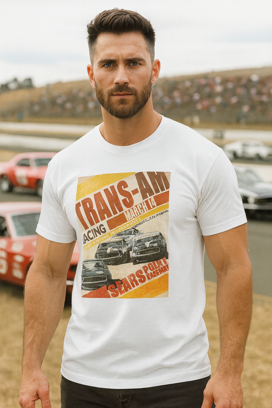 Man wearing a white t-shirt with a Trans-Am graphic design of vintage racing cars and text.