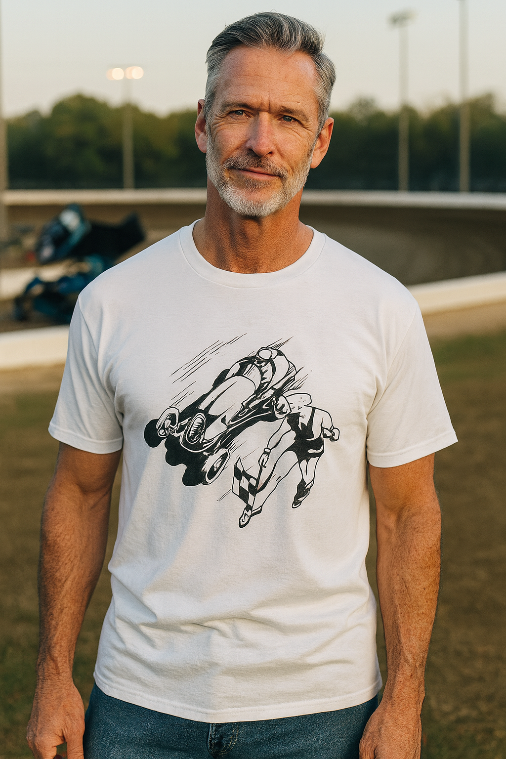 Man wearing a white bonspeed Sprint Car  t-shirt with a graphic design outdoors