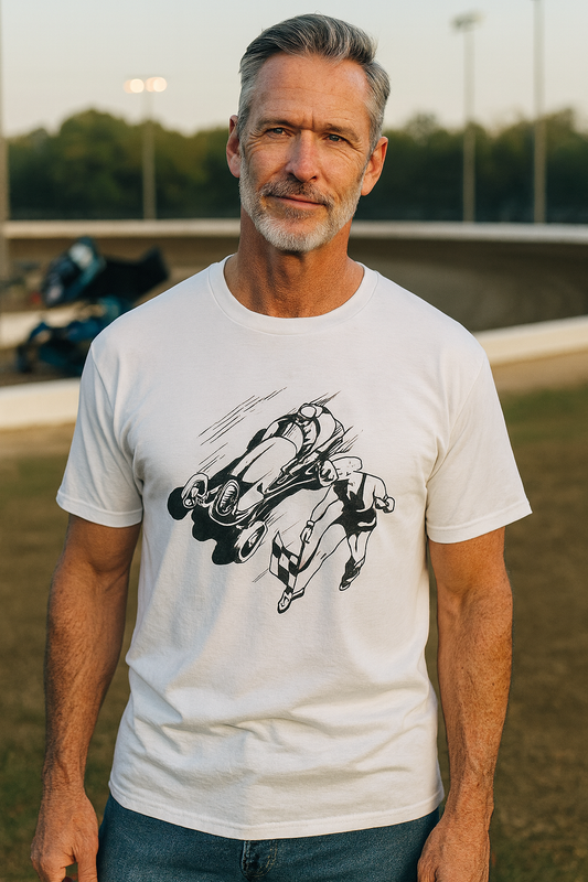 Man wearing a white bonspeed Sprint Car  t-shirt with a graphic design outdoors