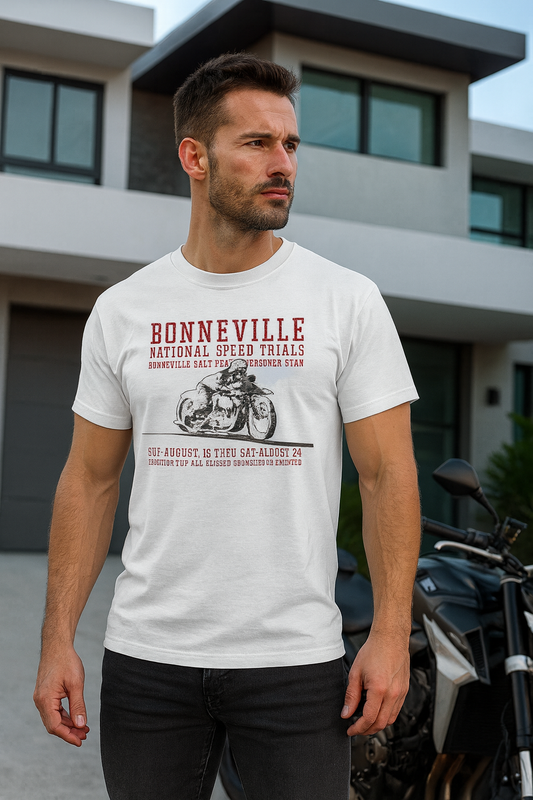 Man wearing a white bonspeed Bonneville Racing t-shirt with a motorcycle graphic and text standing in front of a modern building.