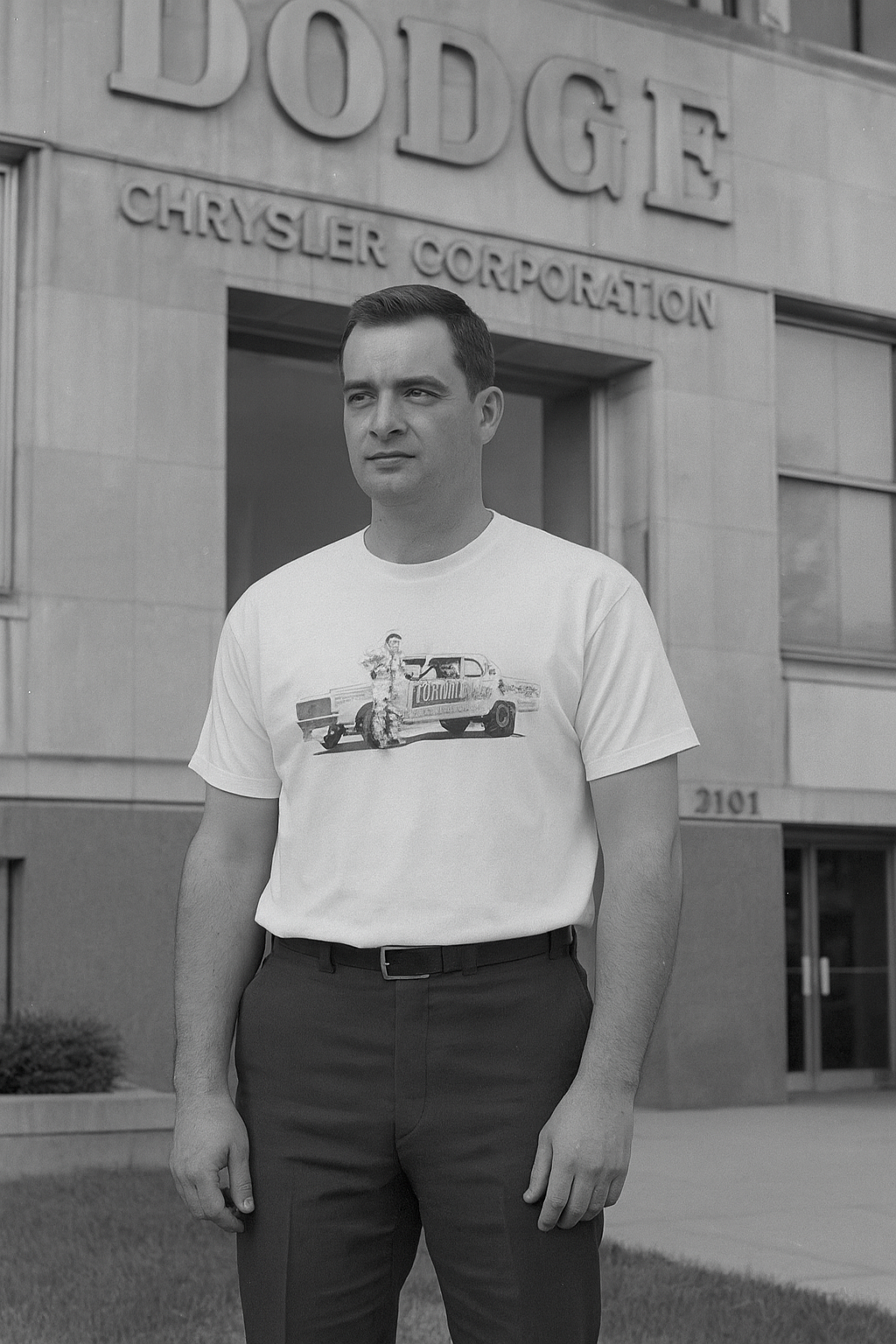 Man wearing a bonspeed t-shirt with a graphic design in front of a Dodge Chrysler Corporation building.
