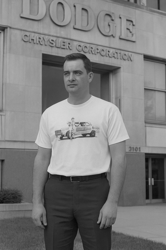 Man wearing a bonspeed t-shirt with a graphic design in front of a Dodge Chrysler Corporation building.