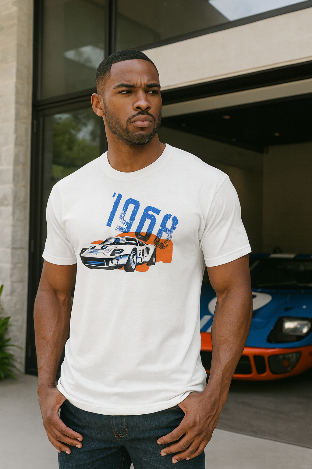 Man wearing a whitebonspeed GT40  t-shirt with a graphic design of a car and '1968' text, standing in front of a building with a car in the background.