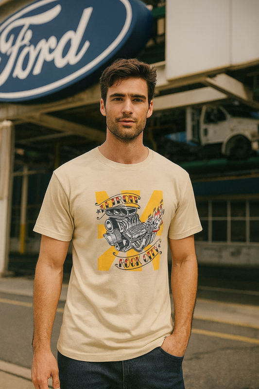 Man wearing a beige bonspeed Motor t-shirt with a graphic design in front of a Ford logo.