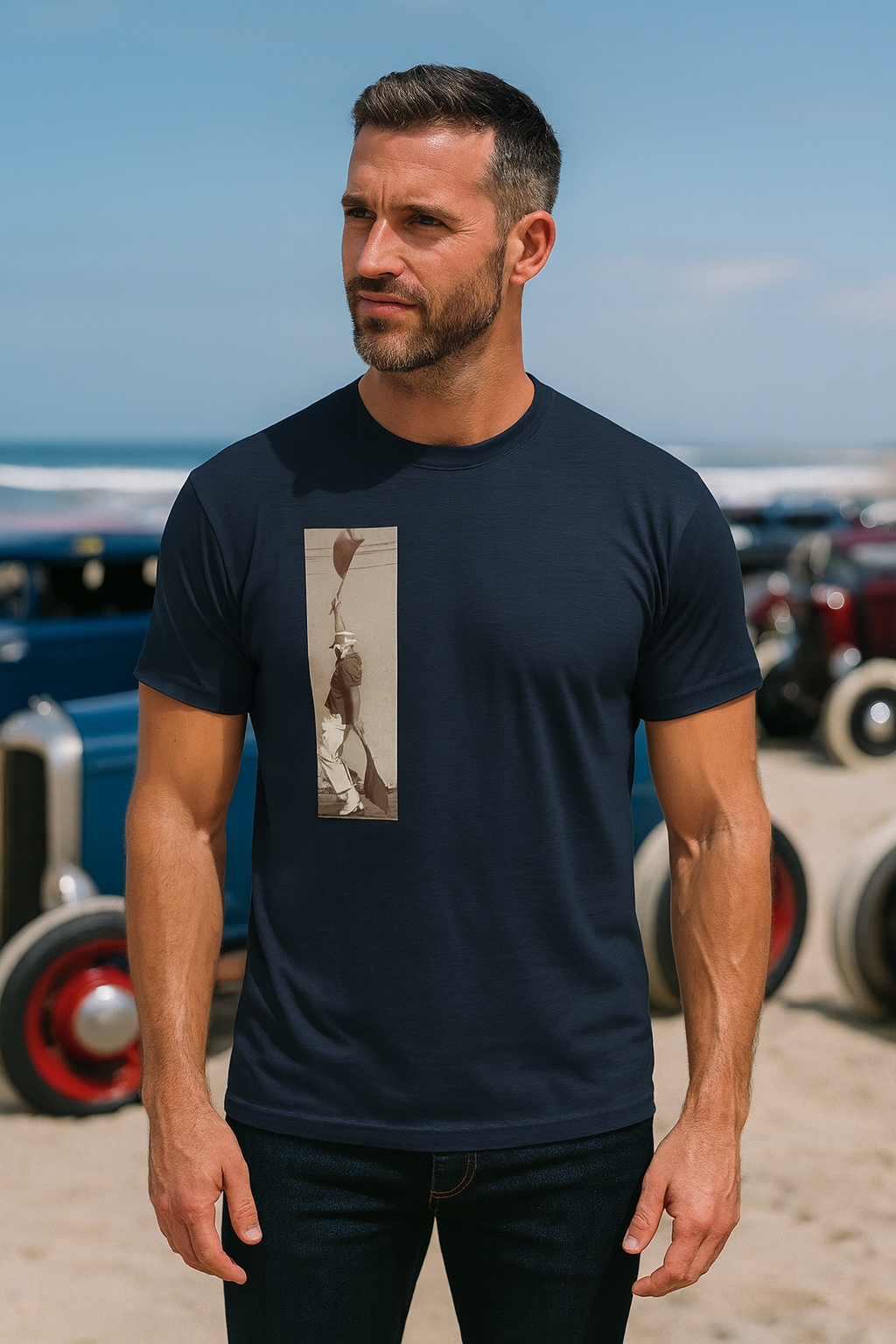 Man wearing a navy blue bonspeed Hot Rod t-shirt with a graphic design, standing in front of vintage cars.