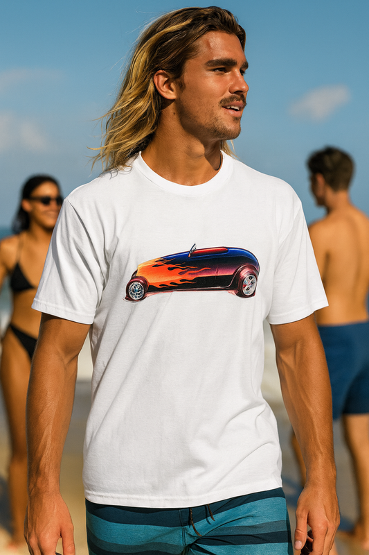 Man wearing a white bonspeed Hot Rod t-shirt with a colorful car graphic on a beach