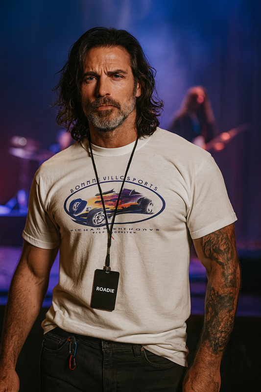 Man wearing a white bonspeed  t-shirt with a logo and 'Roadie' badge, with a blurred background of people and instruments.