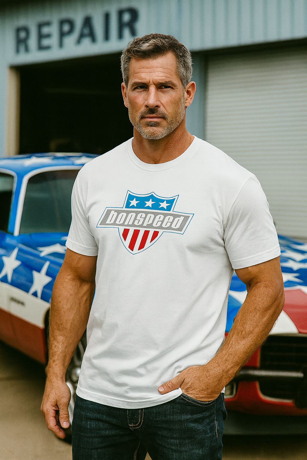 Man wearing a white bonspeed 
t-shirt with a logo in front of a colorful truck in a repair shop.