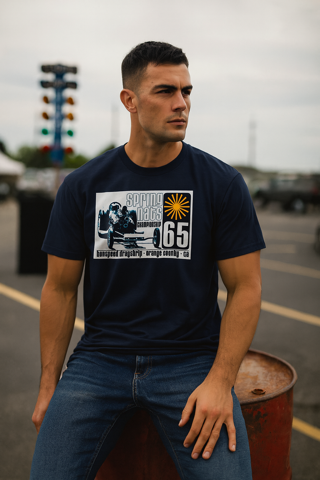 Man wearing a black bonspeed  drags= racing t-shirt with a graphic design, standing in an outdoor setting.