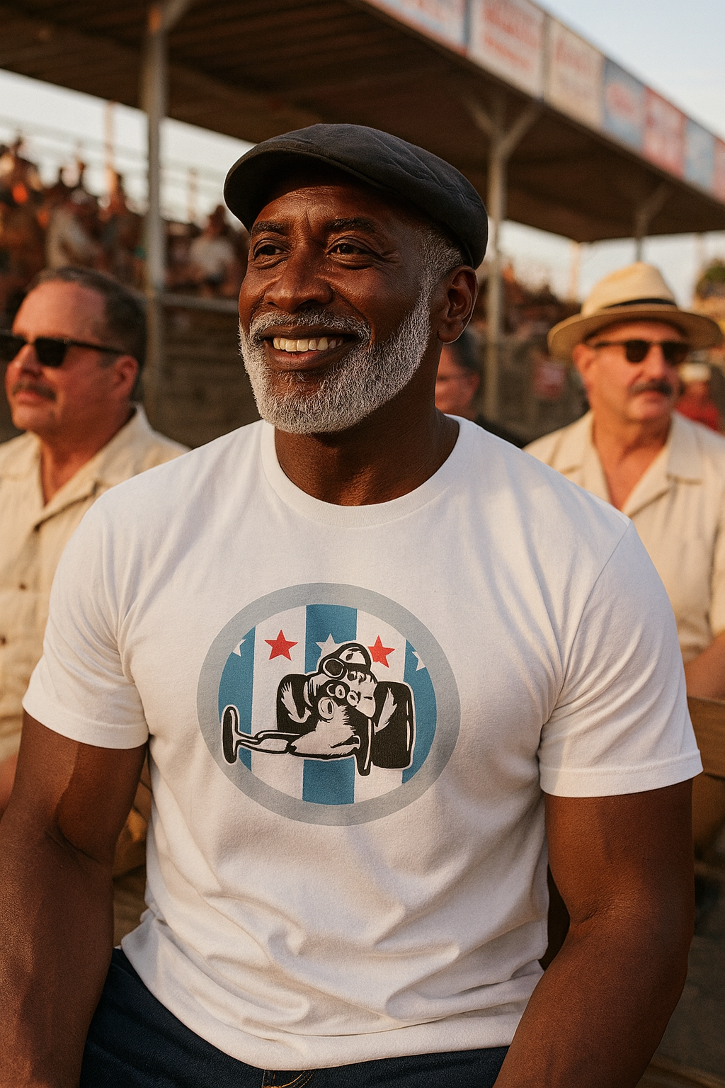 Man wearing a white bonspeed t-shirt with a top fuel dragster graphic design at an outdoor event.