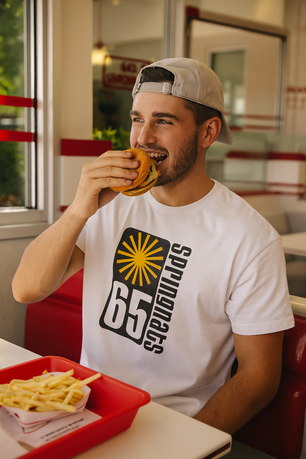 Man eating a burger in a casual setting with fries on a tray wearing a bonspeed t-shirt