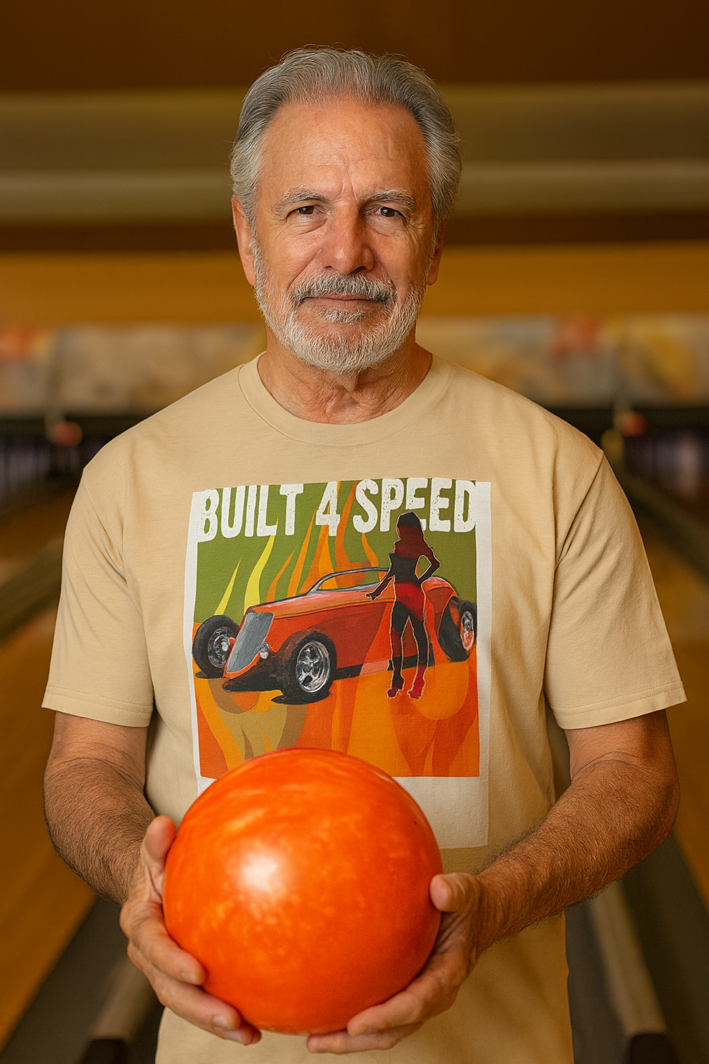 Man holding a bowling ball in a bowling alley wearing a t-shirt with a graphic design.