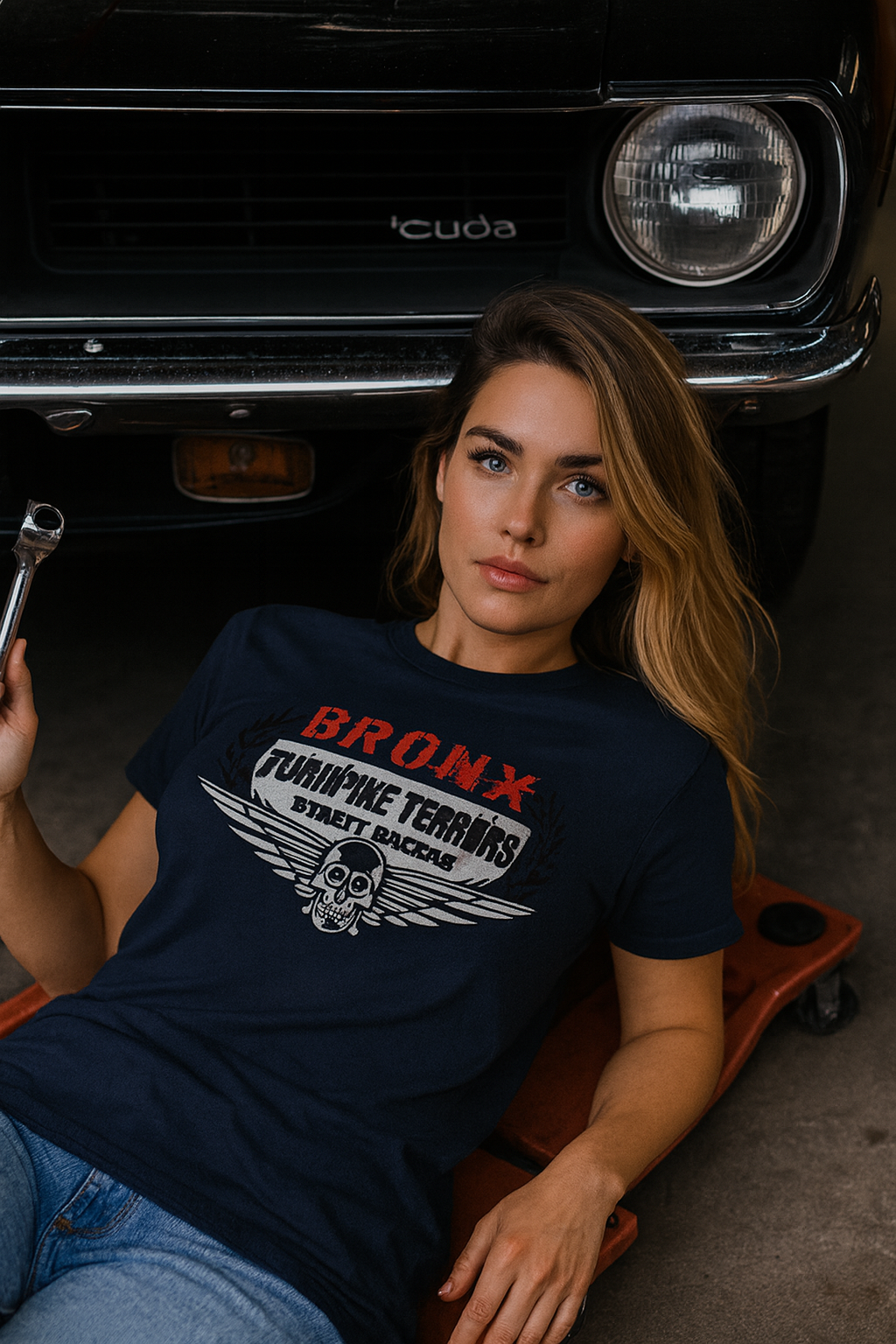Woman wearing a 'Bronx Turnpike Terrors' bonspeed t-shirt sitting in front of a classic car.