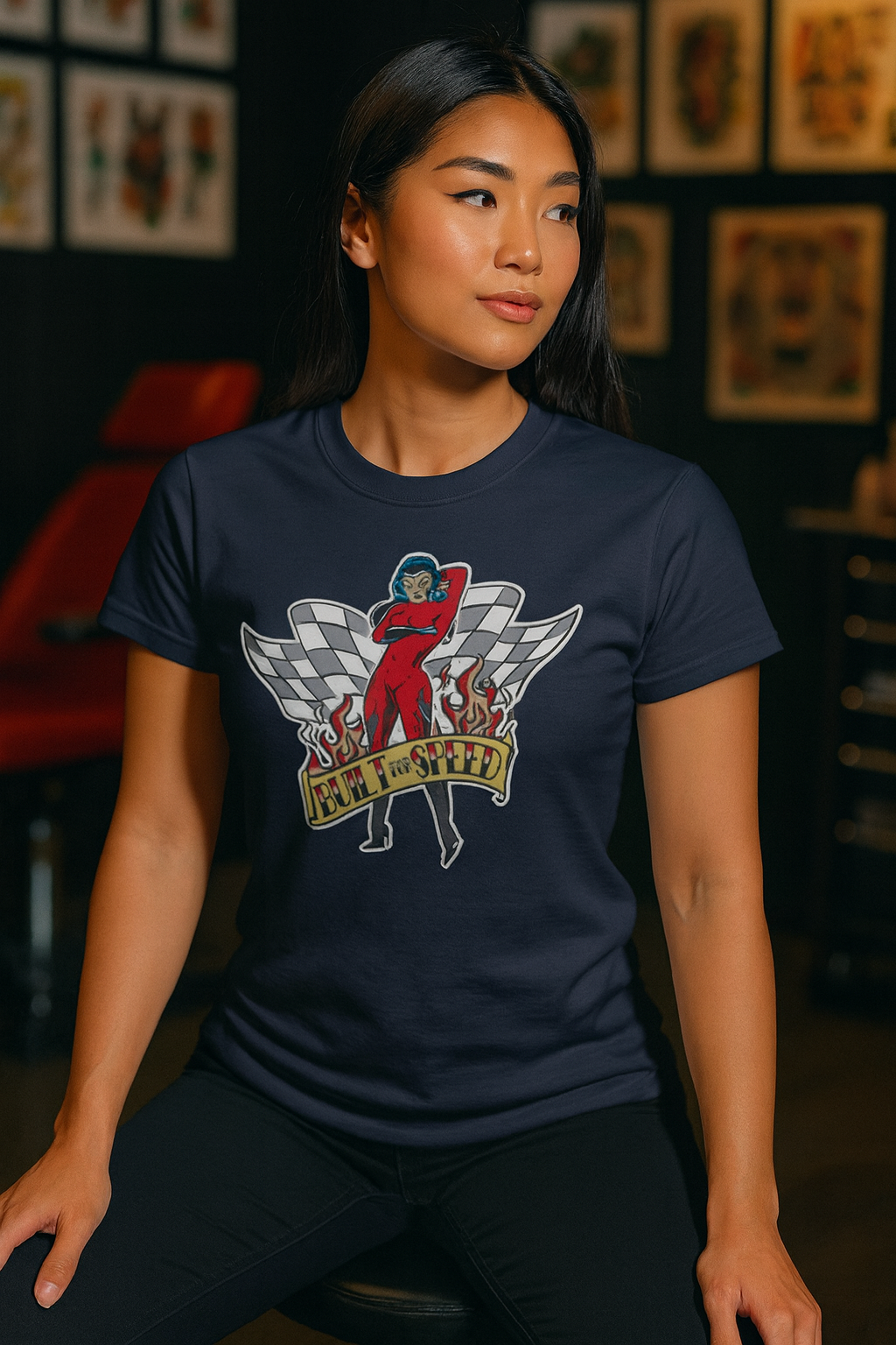 Built For Speed Girl Hot Rod T-shirt, Checkered Flags Racing Style. bonspeed