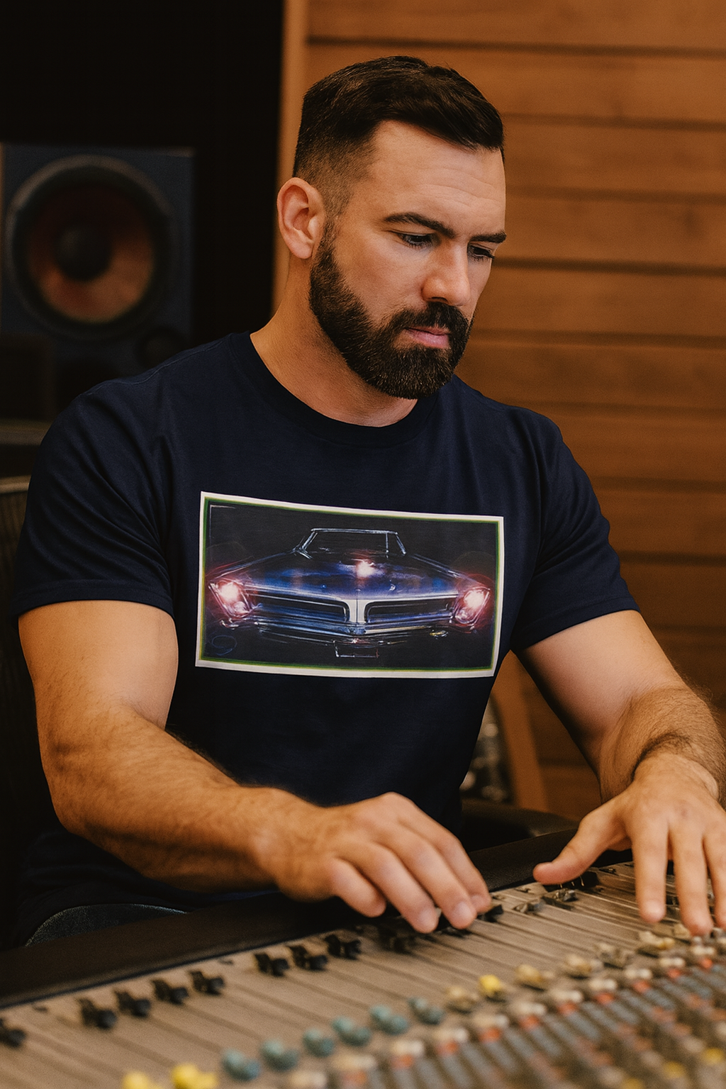 Man operating a mixing console in a studio setting wearing a bonspeed GTO t-shirt