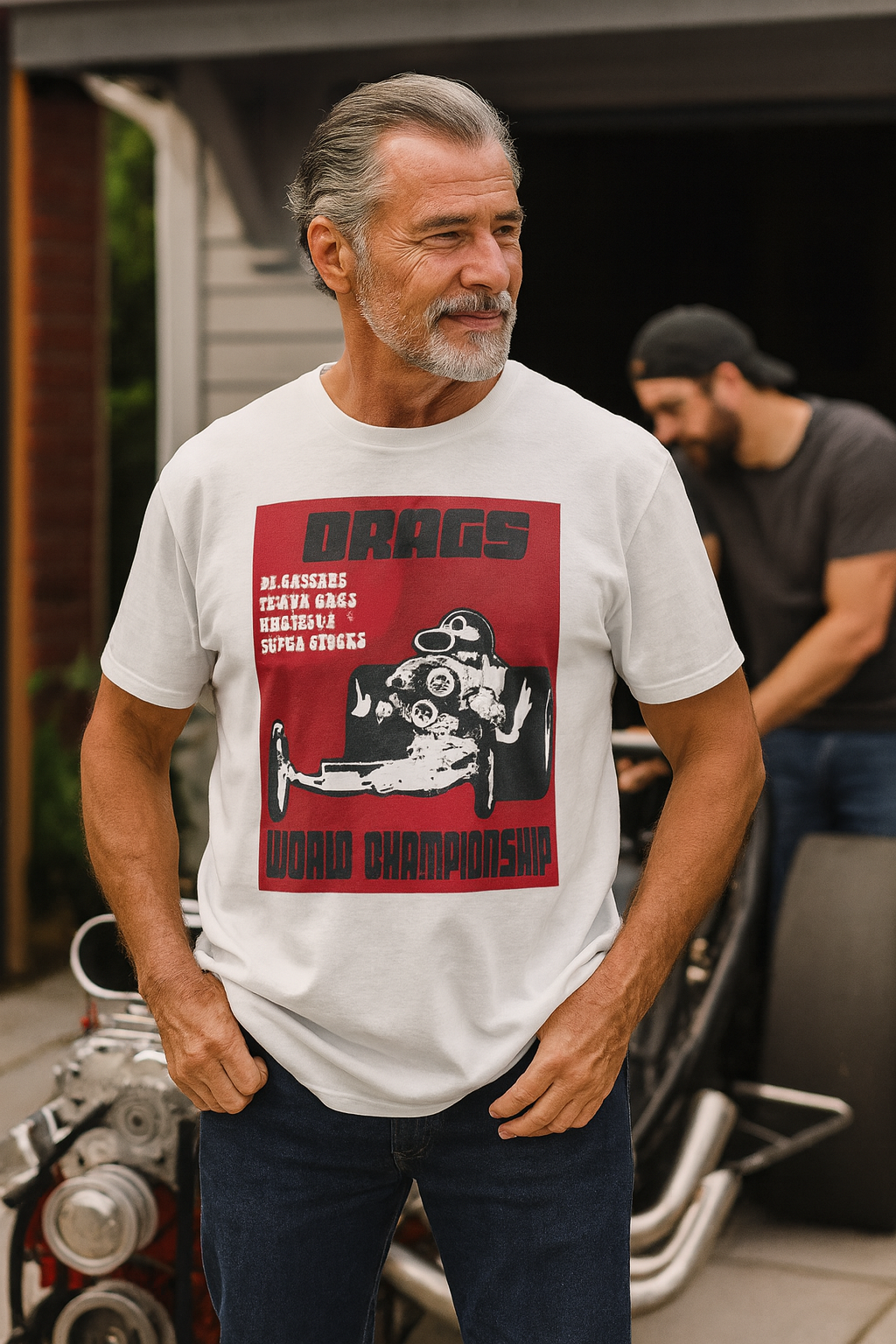 Man wearing a Dragster graphic bonspeed t-shirt with a red and black design, standing in front of a motorcycle.