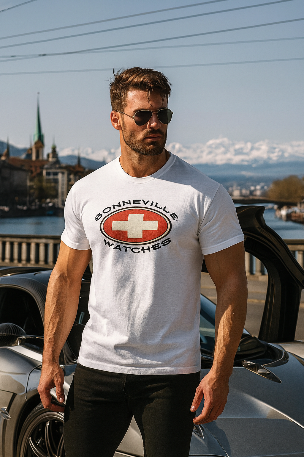 Man wearing a white Bonneville Watches bonspeed t-shirt with a logo, standing next to a Pagani car with Swiss Alp mountains in the background.