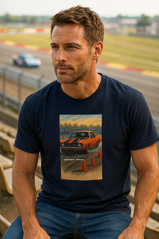 Man wearing a navy blue bonspeed 
t-shirt with a graphic of a car on a race track background