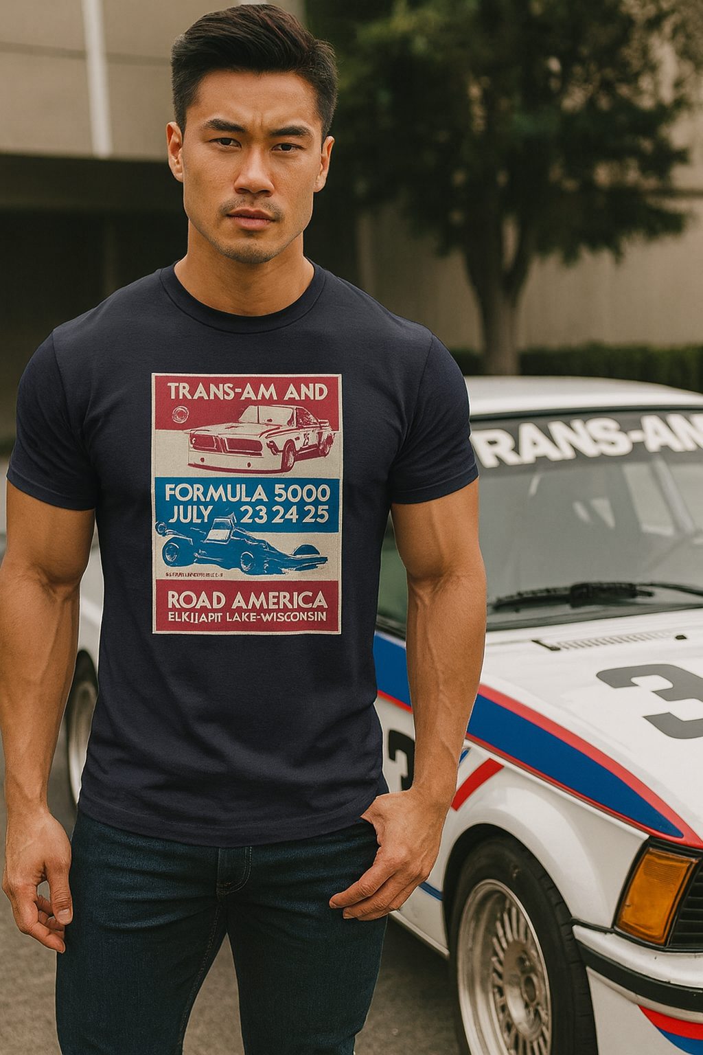 Man wearing a t-shirt with a race car graphic and text, standing in front of a vintage race car.