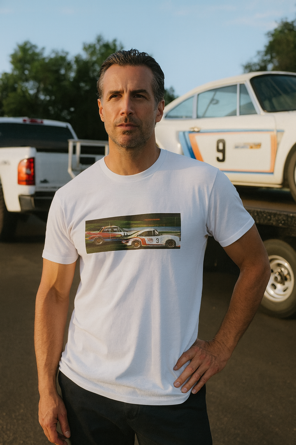 Man wearing a white t-shirt with a graphic design, standing in front of Porsche and BMW vintage cars.