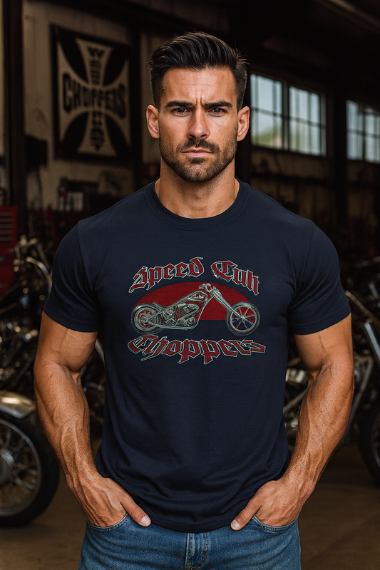 Man wearing a black bonspeed t-shirt with 'Speed Cult Choppers' graphic in a garage setting