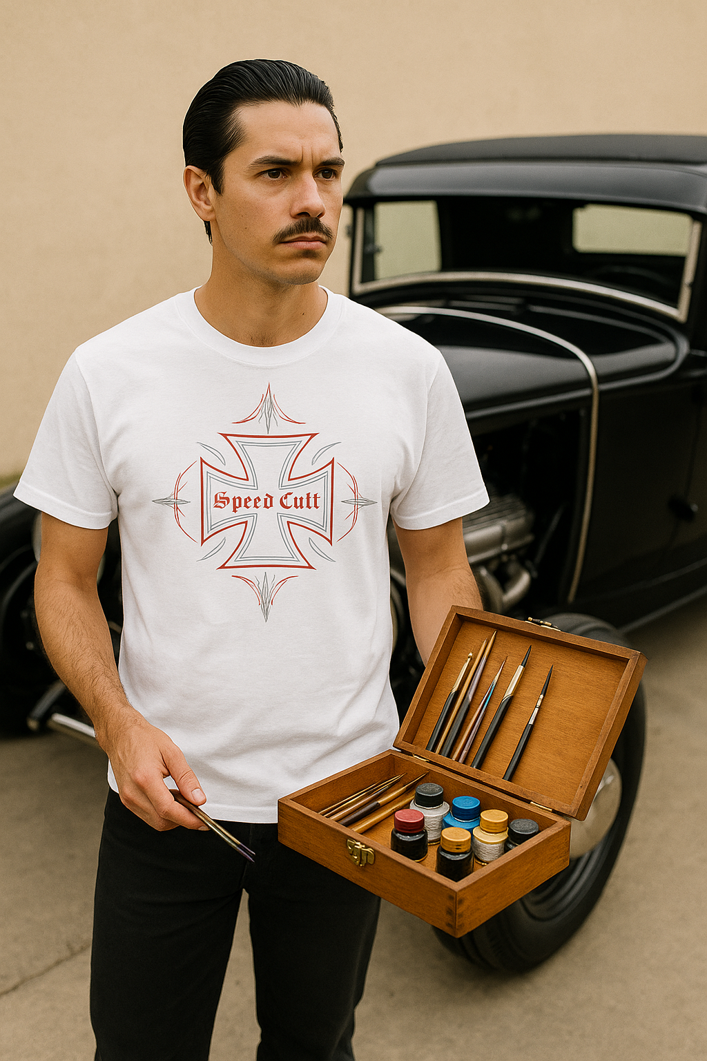 Man holding a set of paintbrushes and a box in front of an old car.