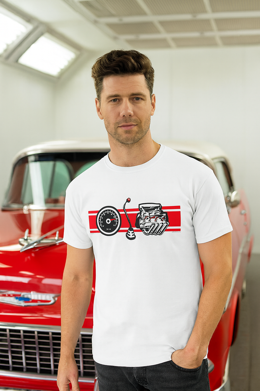 Man wearing a white bonspeed t-shirt with a graphic design in front of a red car.