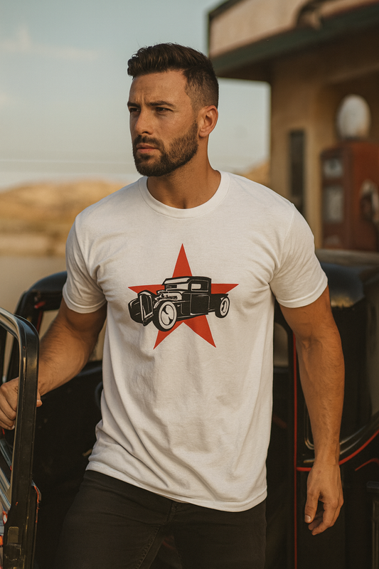 Man wearing a white bonspeed t-shirt with a red star and black car graphic, standing next to a vehicle.